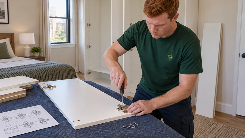 A mover fitting an actual concealed hinge to a wardrobe door supported flat on a padded bench