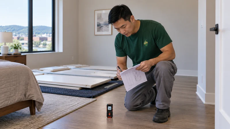 A mover checking floor-to-ceiling clearance before unassembled wardrobe panels are raised