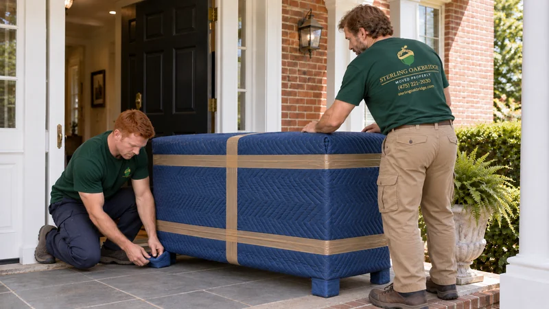 Two male movers checking a protected cabinet at an estate entry before collection Two male movers checking a protected cabinet at an estate entry before collection