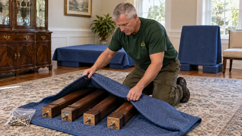 Four removed table legs bundled in one common blanket beside protected table components Four removed table legs bundled in one common blanket beside protected table components