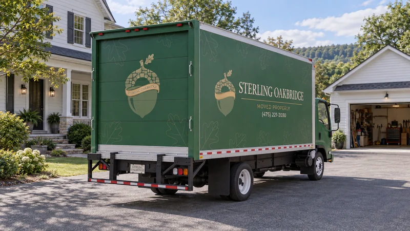 A branded truck positioned on a paved regional estate-property driveway A branded truck positioned on a paved regional estate-property driveway