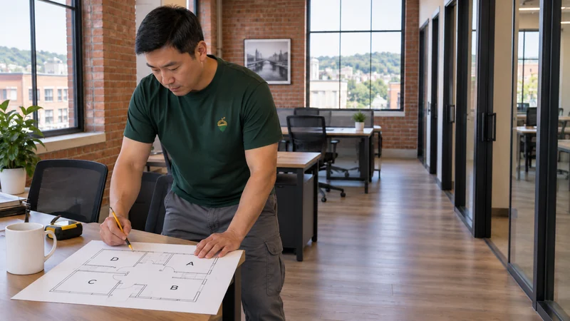 A male mover reviewing an anonymous receiving floor plan in a converted downtown office