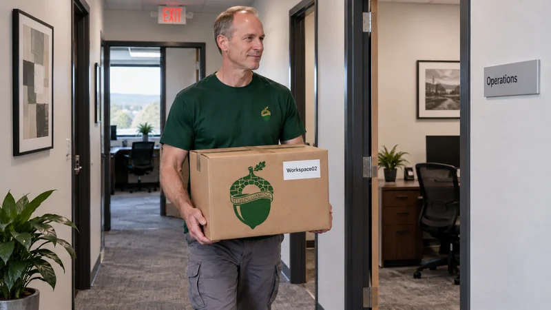 A mover carrying a compact identified records carton along a clear office corridor