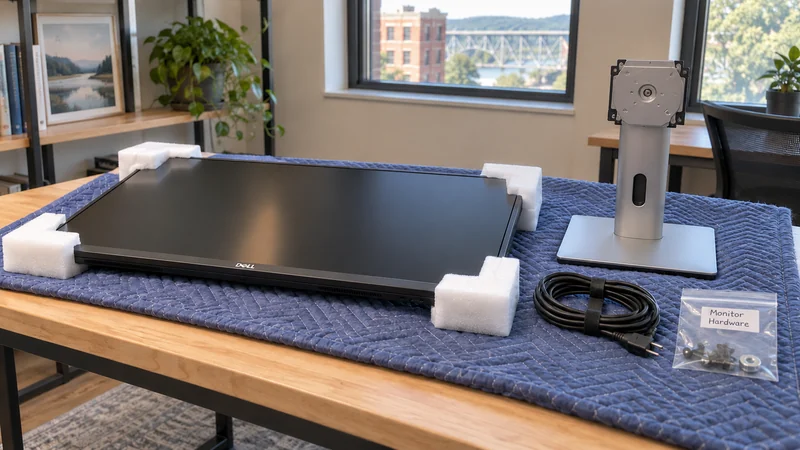 A powered-off monitor protected separately with its stand, cable and hardware grouped beside it
