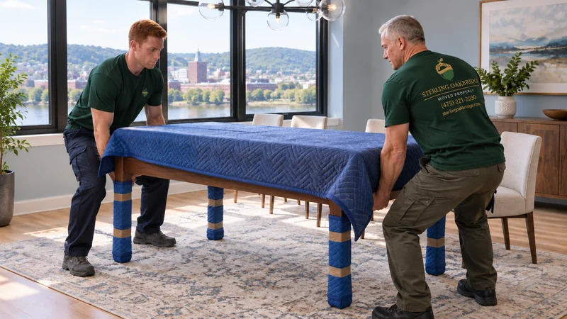 Two distinct male movers placing a protected furniture purchase in a contemporary apartment Two distinct male movers placing a protected furniture purchase in a contemporary apartment