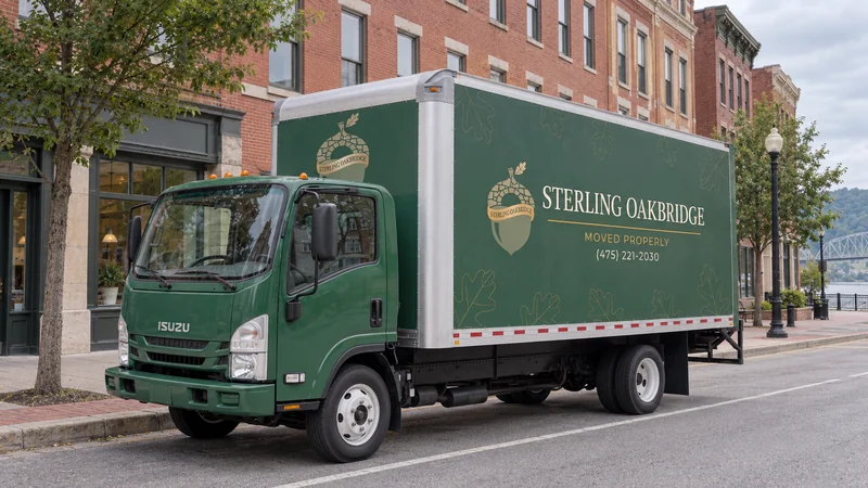 A branded truck parked legally on pavement near a representative brick urban block A branded truck parked legally on pavement near a representative brick urban block