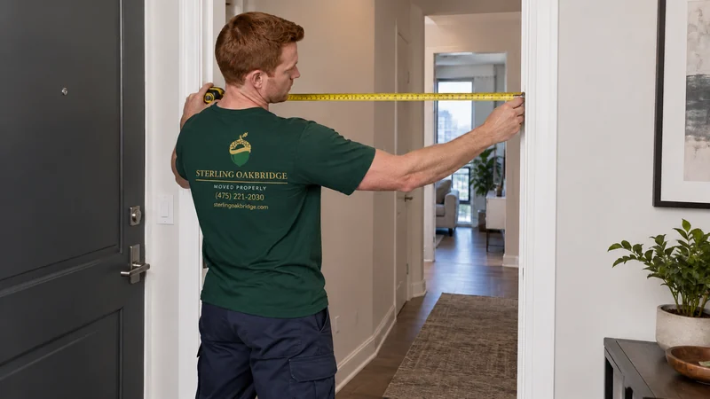 A mover checking the clear width of a receiving doorway before furniture arrives A mover checking the clear width of a receiving doorway before furniture arrives