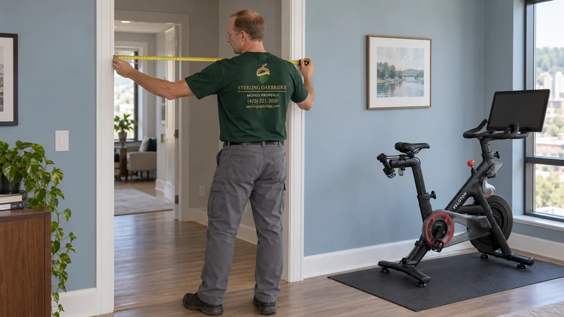 A mover measuring an apartment doorway beside a current exercise bike with its display off A mover measuring an apartment doorway beside a current exercise bike with its display off