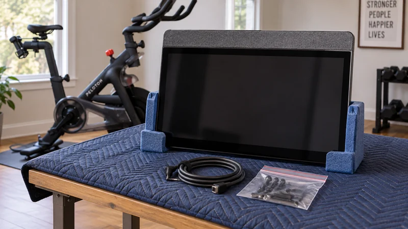 A detached contemporary exercise-bike screen supported on cushioning with its fittings grouped beside it A detached contemporary exercise-bike screen supported on cushioning with its fittings grouped beside it