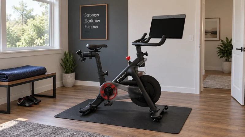 A contemporary exercise bike placed level in a prepared ranch fitness room with clear operating space A contemporary exercise bike placed level in a prepared ranch fitness room with clear operating space