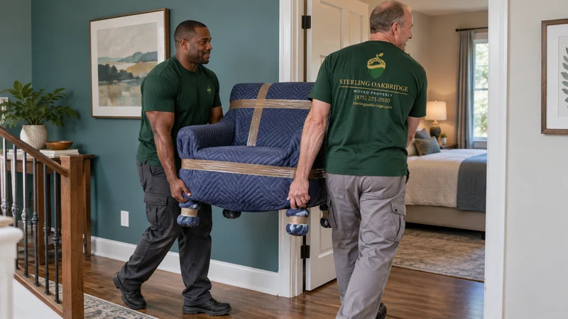 Two distinct male movers carrying a protected armchair toward a downstairs bedroom on the same level Two distinct male movers carrying a protected armchair toward a downstairs bedroom on the same level