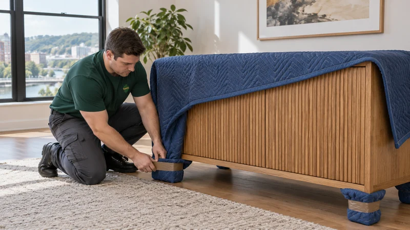 A valuable modern sideboard being protected from above, including padding around its feet A valuable modern sideboard being protected from above, including padding around its feet