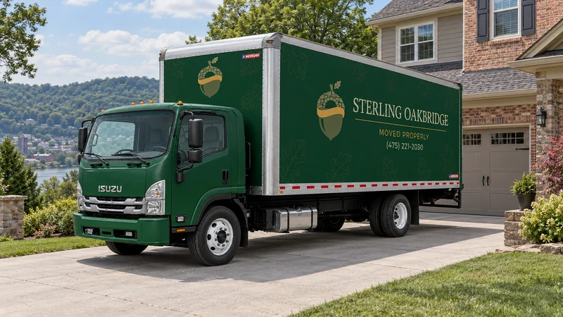 A branded large moving truck positioned on a usable driveway at a representative Wheeling-area home