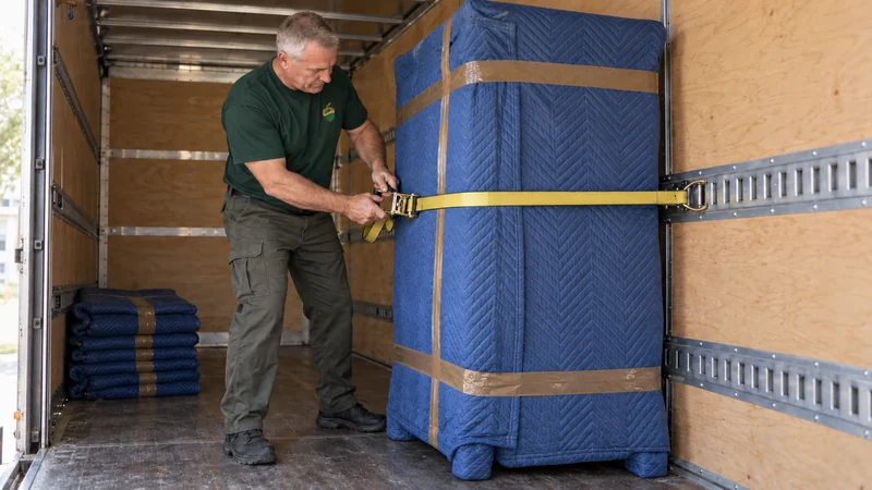 A mover securing separately protected furniture inside a stationary truck