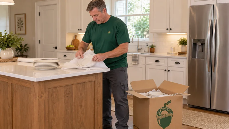 A clean-shaven mover wrapping a plate in an updated ranch kitchen beside a branded China carton
