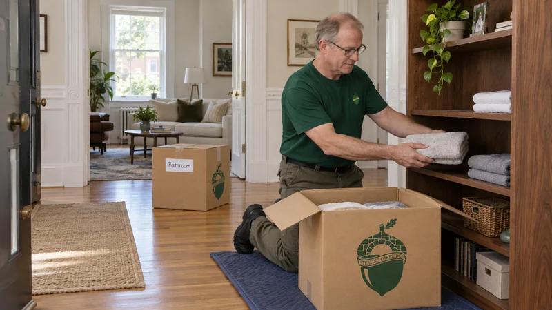 A different male mover unpacking bathroom linen in a renovated co-op apartment