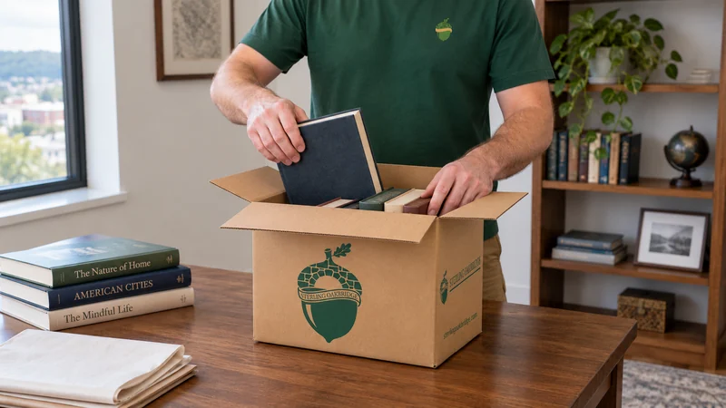 Books being packed into a compact branded Book carton in an apartment study