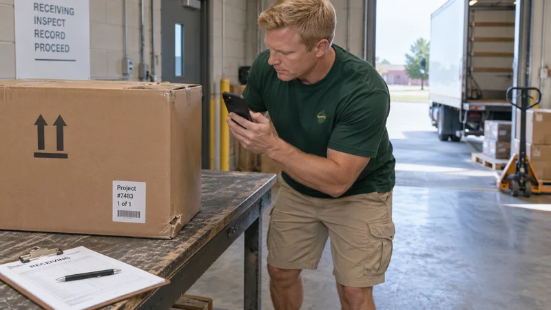 A mover documenting the exterior condition of a newly arrived furniture shipping carton A mover documenting the exterior condition of a newly arrived furniture shipping carton