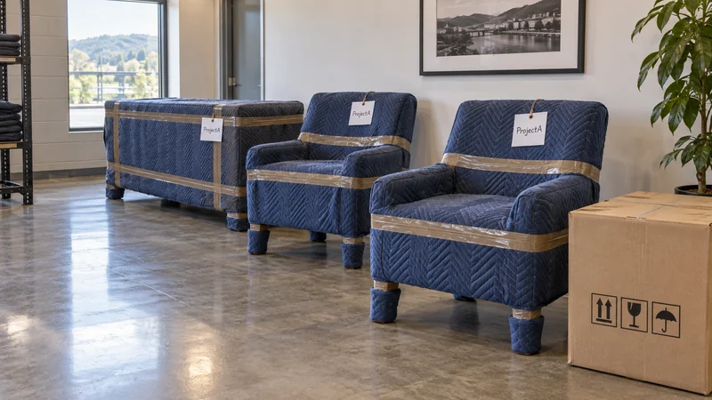 Protected project furniture grouped together with a clear staging aisle Protected project furniture grouped together with a clear staging aisle
