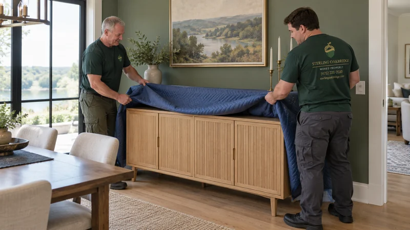 Two movers removing a protective quilt after a sideboard reaches its agreed position Two movers removing a protective quilt after a sideboard reaches its agreed position