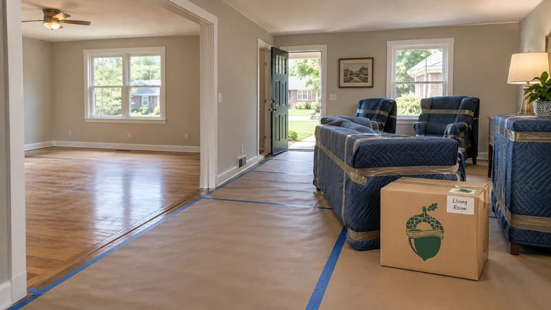 A cleared ranch living room with protected furniture temporarily staged in an adjoining space A cleared ranch living room with protected furniture temporarily staged in an adjoining space