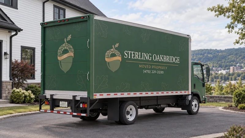 A correctly aligned branded truck on a paved turnaround during an outward furniture move A correctly aligned branded truck on a paved turnaround during an outward furniture move