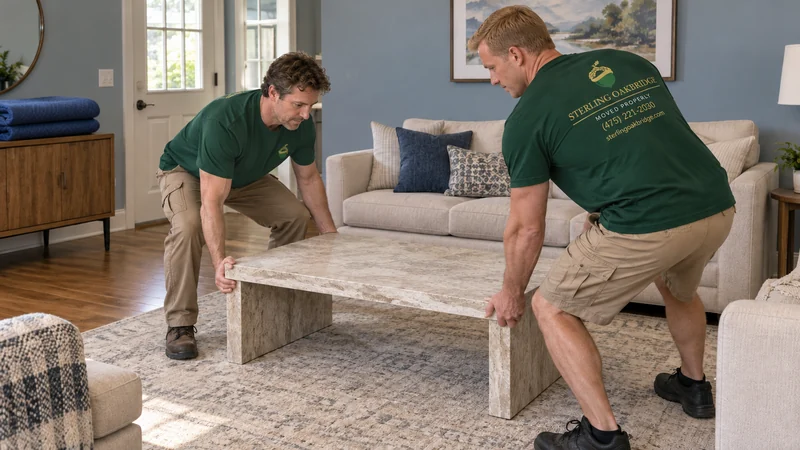 Two movers placing a coffee table after the finished receiving floor has been released for use Two movers placing a coffee table after the finished receiving floor has been released for use