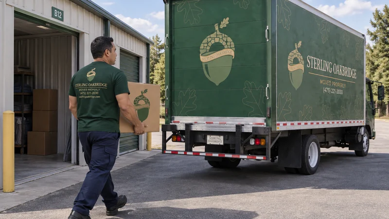A mover carrying a supported carton between a storage entrance and a stationary truck A mover carrying a supported carton between a storage entrance and a stationary truck