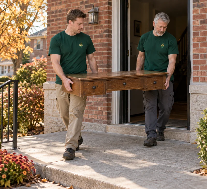 Two movers carrying a worn writing-desk body with its legs detached out of a brick house