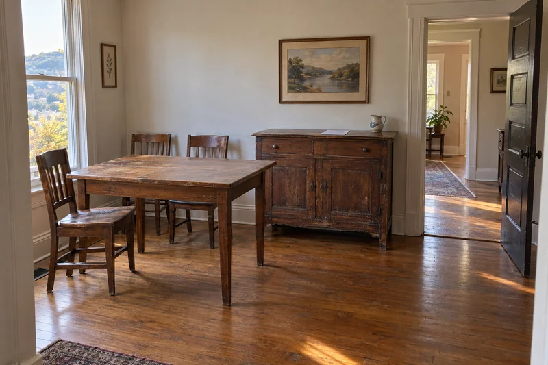 A worn sideboard, compact dining table and spare chairs grouped in a room with a clear doorway route
