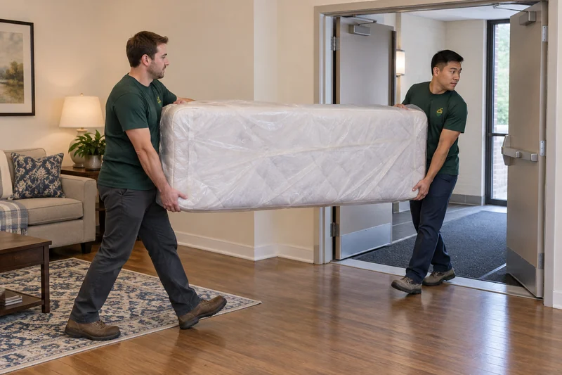 Two adult company movers carrying a sealed old twin mattress toward a private White Plains exit