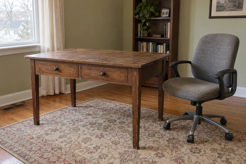 A surplus desk and worn swivel chair reviewed after a White Plains household separates