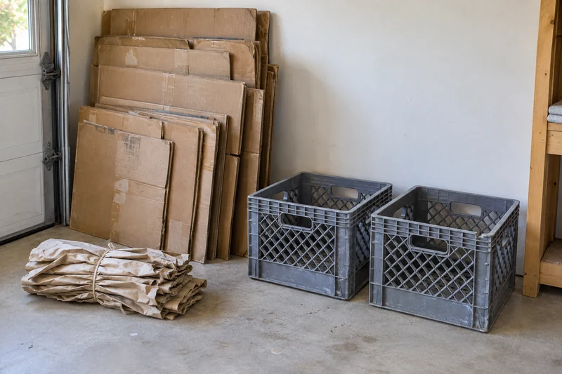 Used flattened cartons, creased paper and old plastic crates reviewed before a White Plains long-distance move