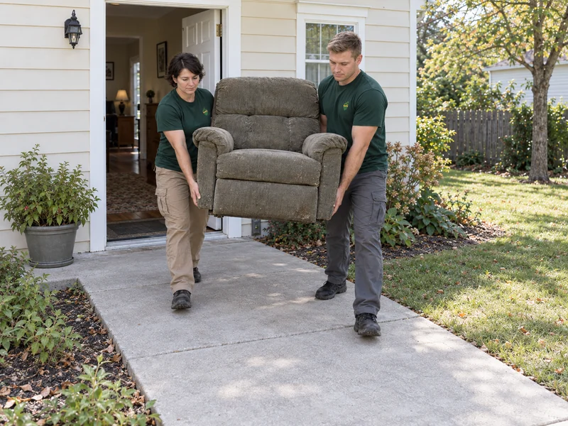 Two movers carrying a worn closed recliner outward onto a level exterior approach Two movers carrying a worn armchair outward from an open home entrance onto a clear level approach