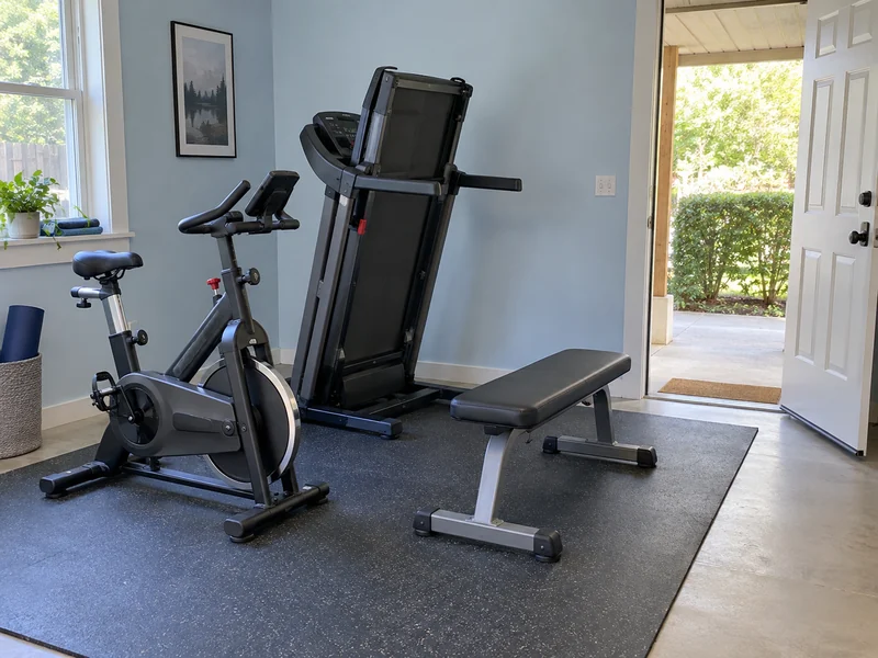 Stationary bike, folded treadmill and exercise bench beside an open side exit Unused stationary bike, folded treadmill and exercise bench grouped beside an open side exit