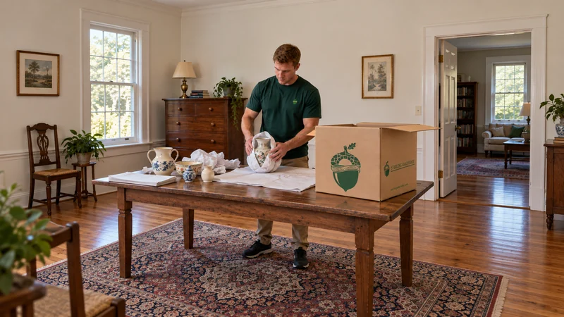 Fragile household pieces receive individual protection A mover wraps a small ceramic vase over a padded table beside a medium packing carton