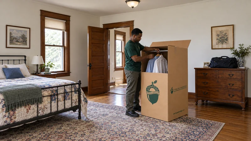 Hanging clothes stay in their agreed destination group A mover places hanging shirts on the rail inside a wardrobe carton in an older bedroom