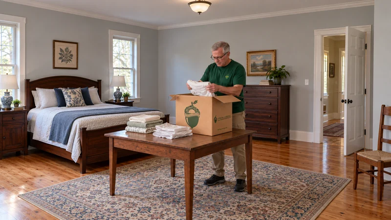 Basic unpacking opens space before final organizing A mover unpacks folded linen onto a clear stable table beside a medium carton in a receiving bedroom