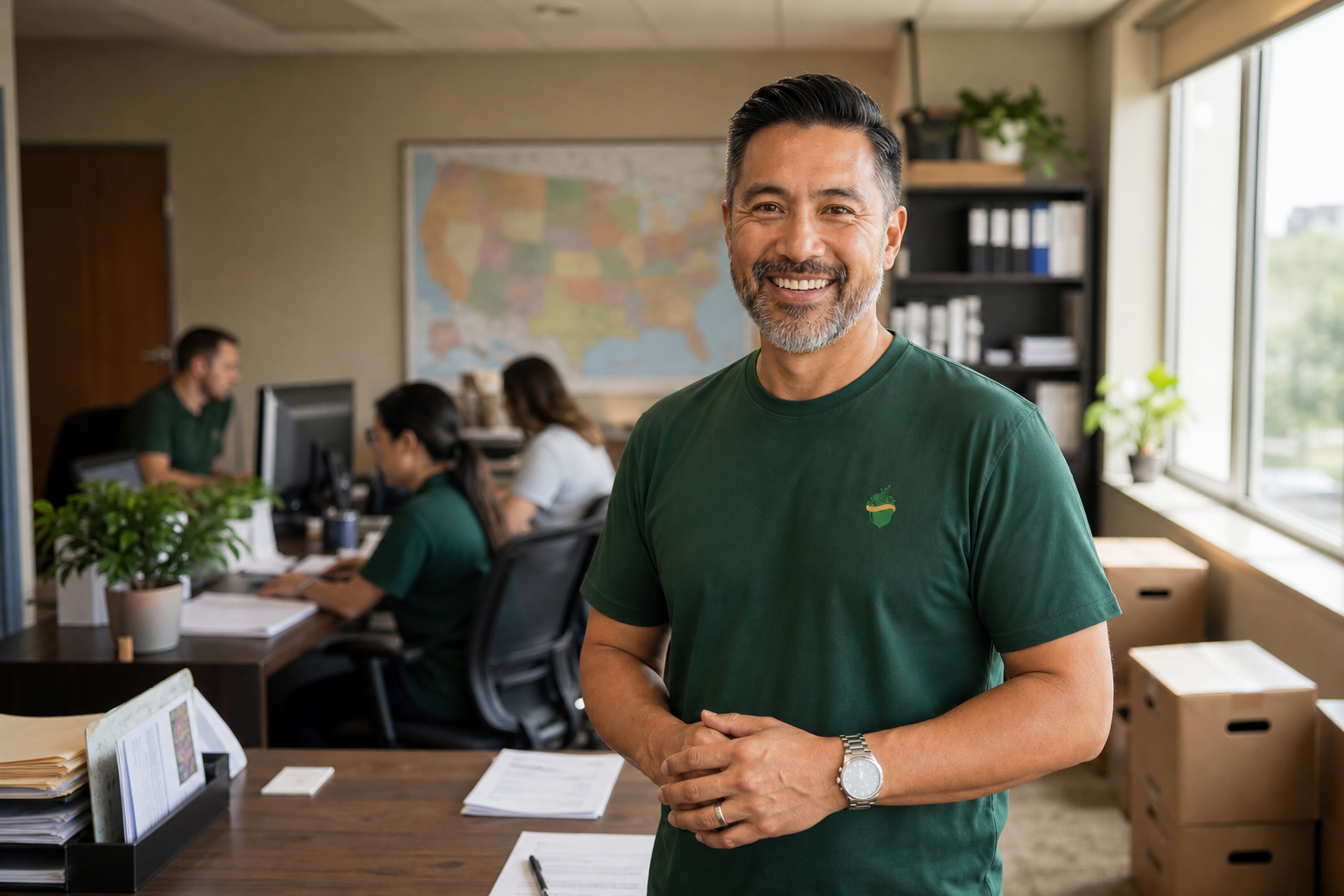 A man in a green T-shirt stands in an office with coworkers at desks behind him.