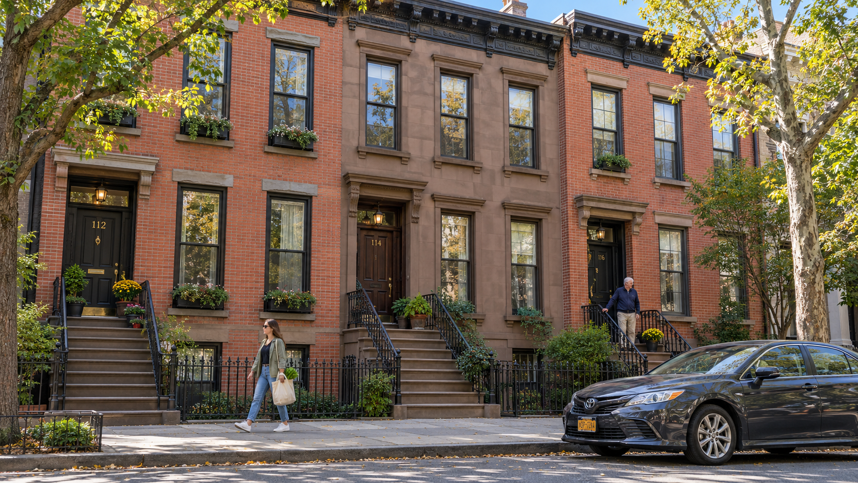 Residents outside brick and brownstone-style row homes on a tree-lined street