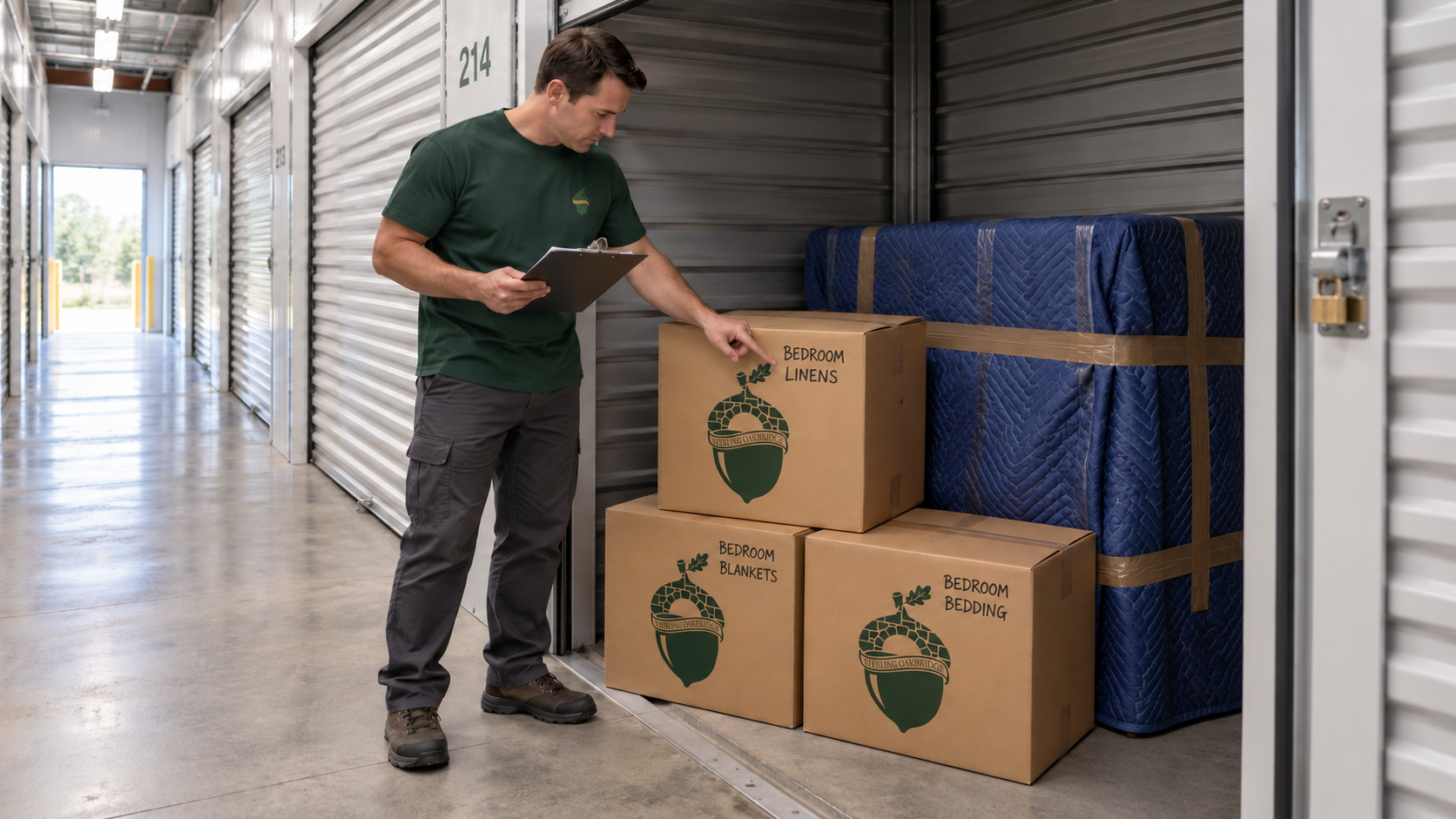 A male mover holds a clipboard and points to a labelled carton in an open storage bay