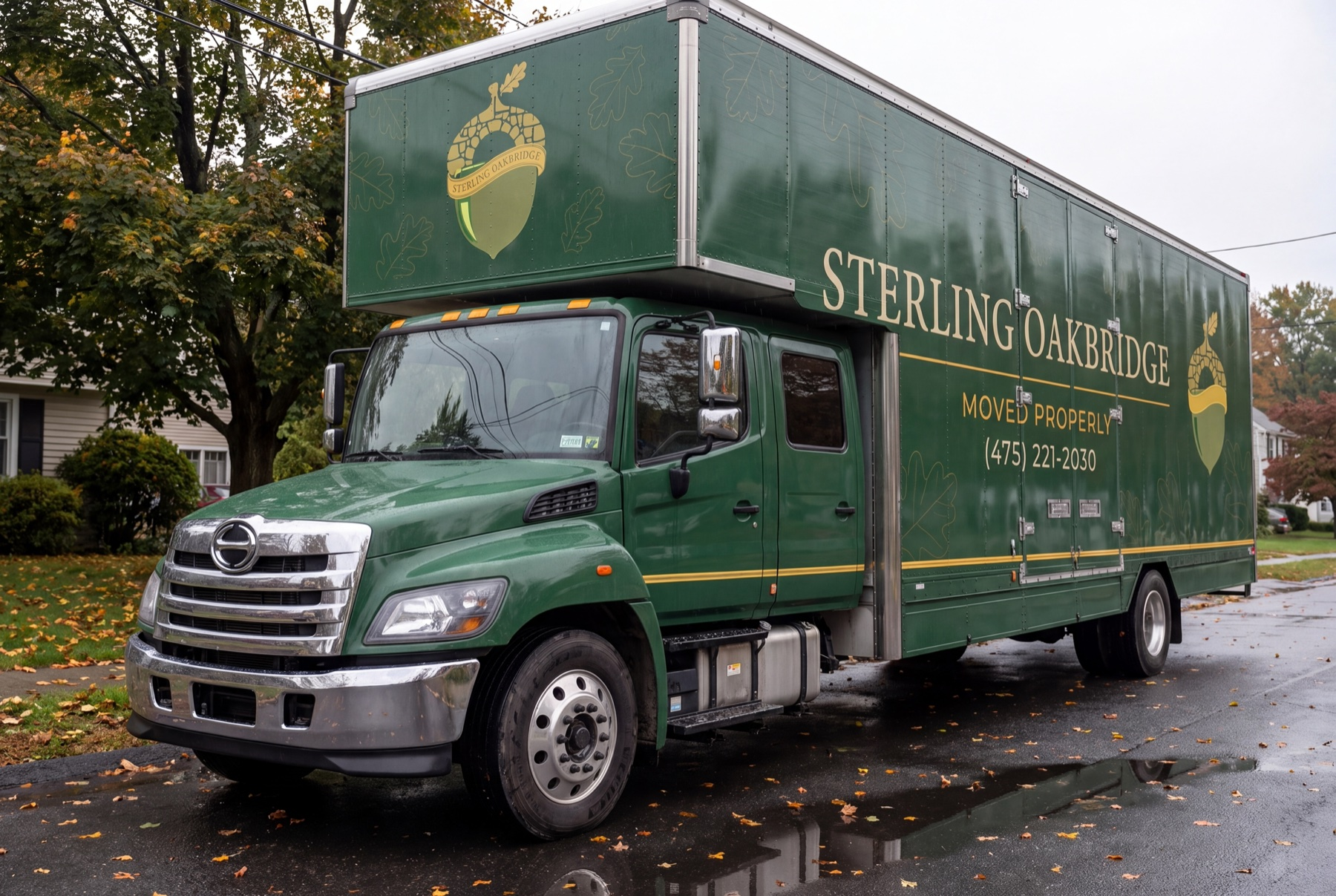 A green Sterling Oakbridge moving truck is parked on a wet residential street.