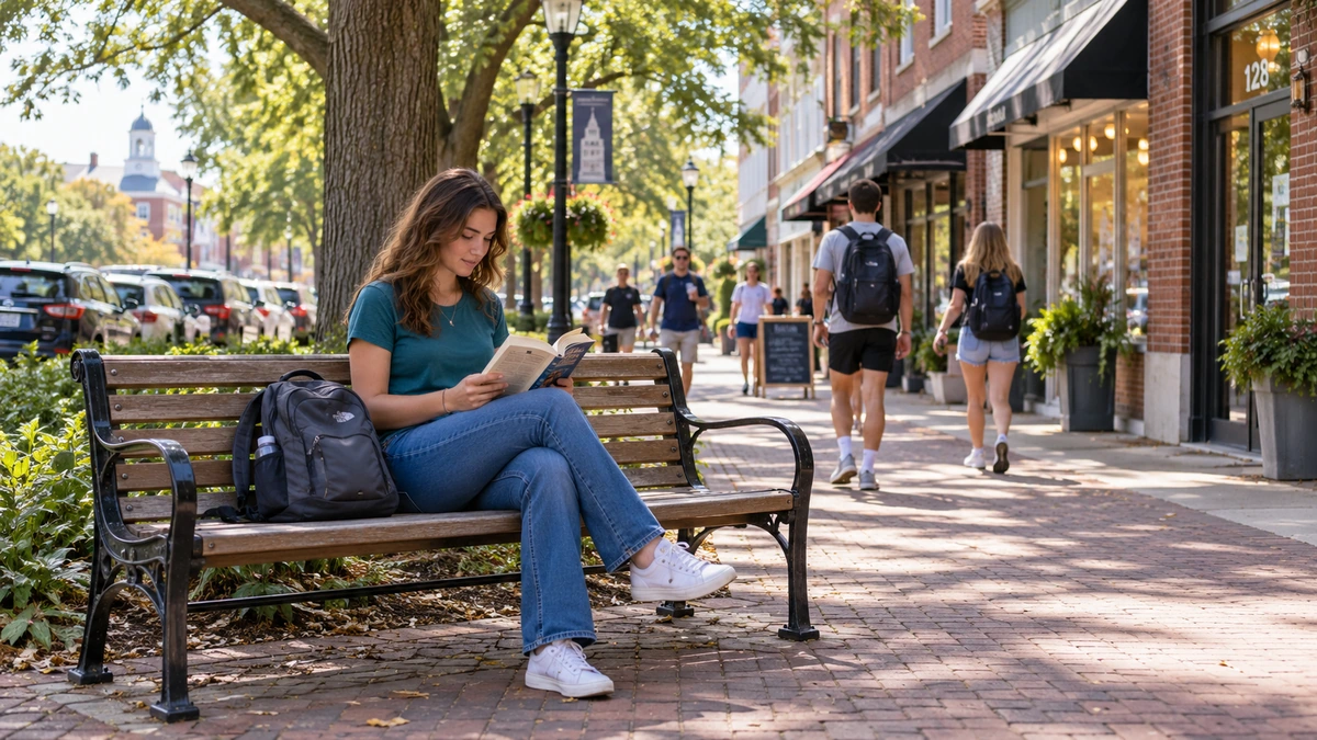 A young woman reads on a bench beside an Auburn-style brick shopping street