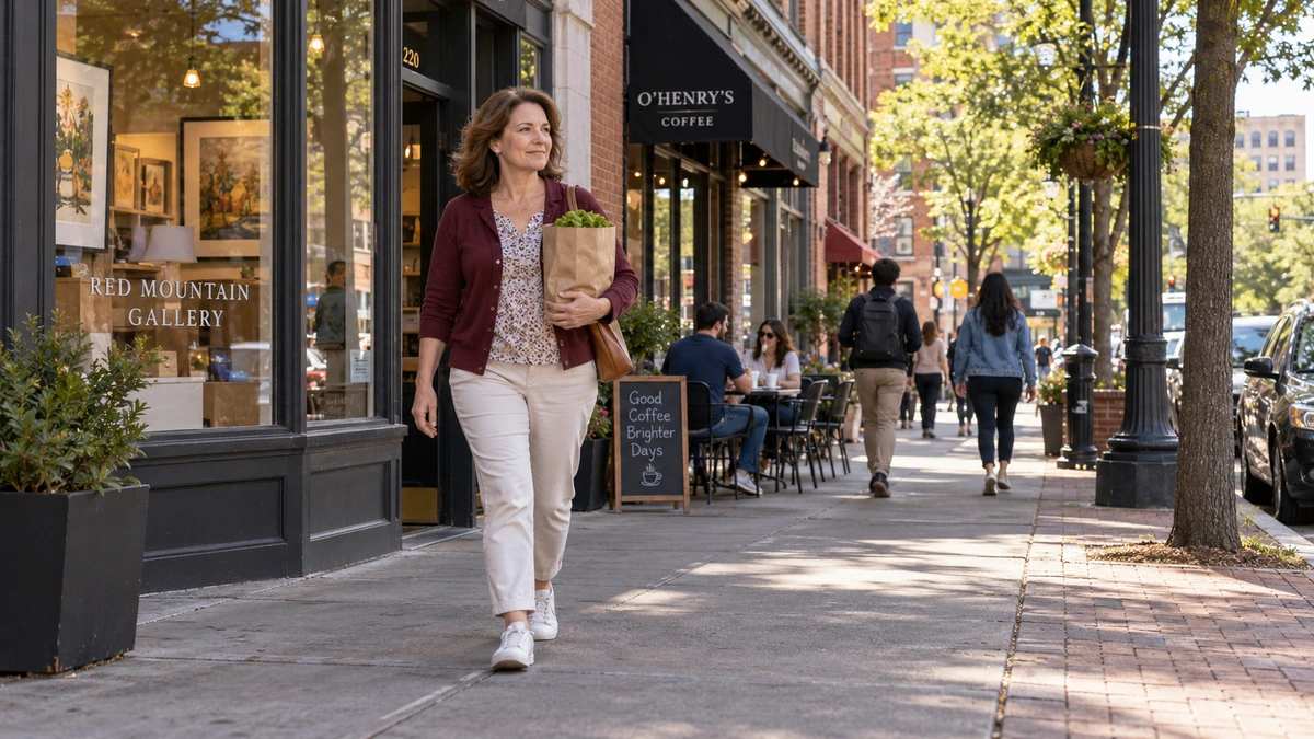 A woman carries groceries along a tree-lined Birmingham-style brick shopping street