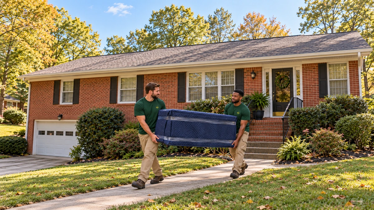 Two movers carry a blanket-protected cabinet along a path outside an Alabama brick home