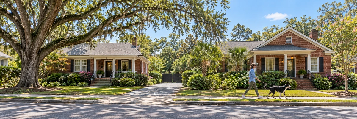A man walks a black-and-white dog past brick Alabama homes and mature shade trees