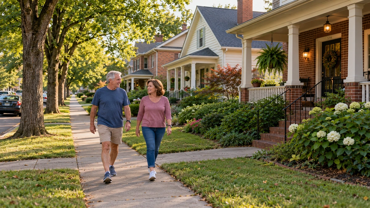 A couple walks along a shaded sidewalk past Decatur-style porch homes