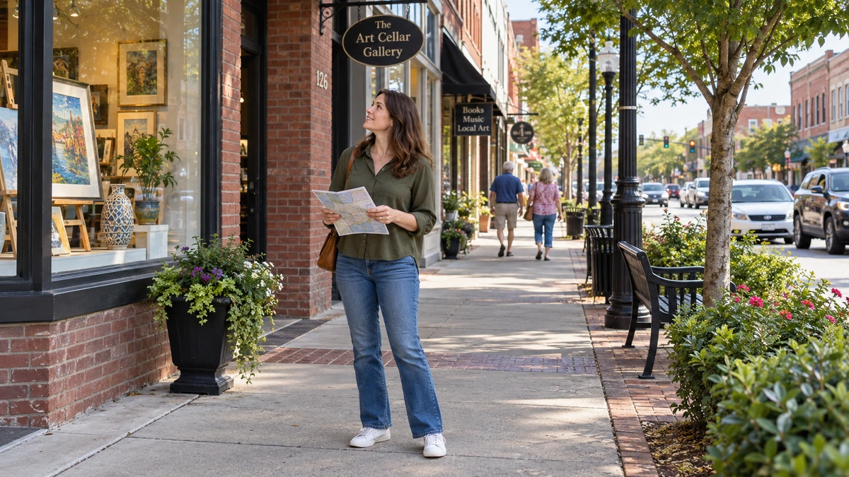 A woman holds a folded map beside an art-gallery window on a Dothan-style street