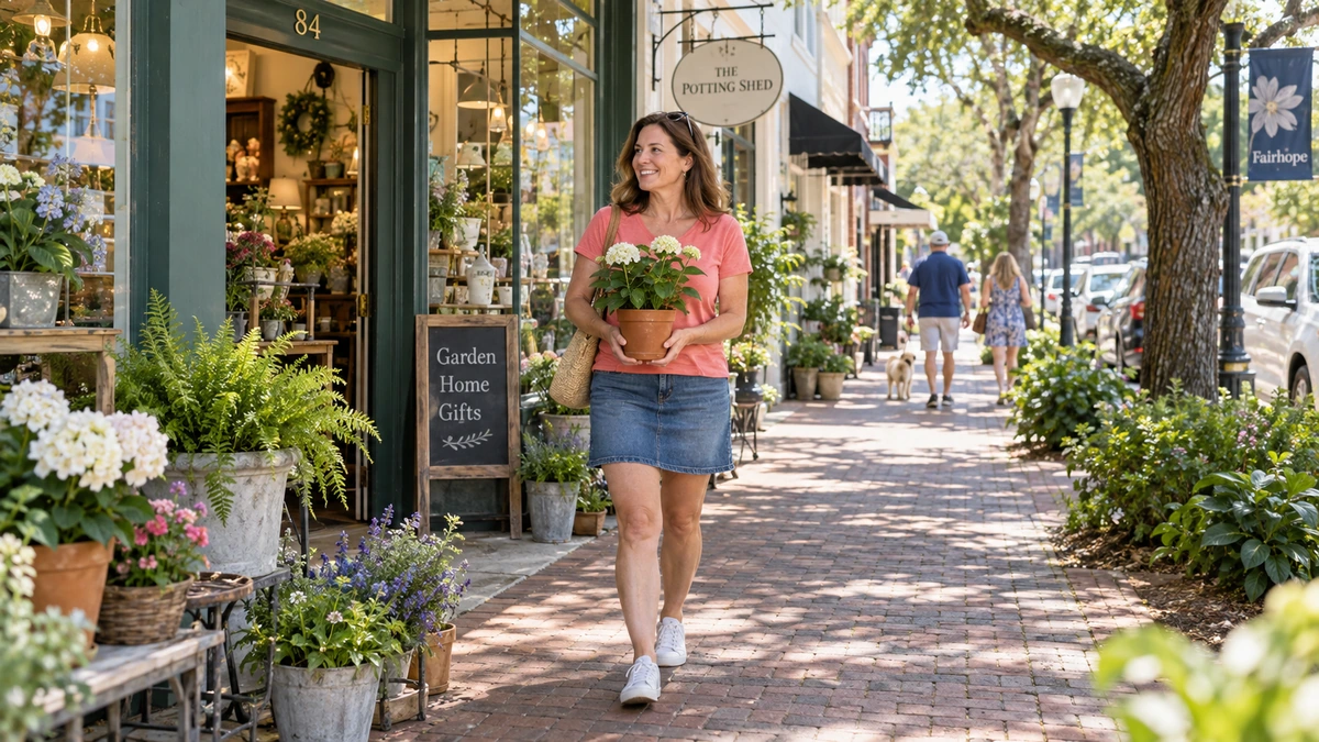 A woman holds a small flowering plant outside a Fairhope-style garden shop