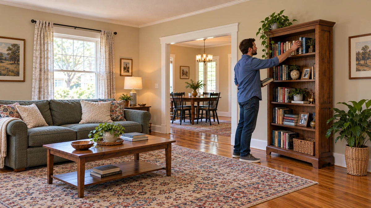 A resident places a book on a wooden bookcase in a furnished Alabama living room